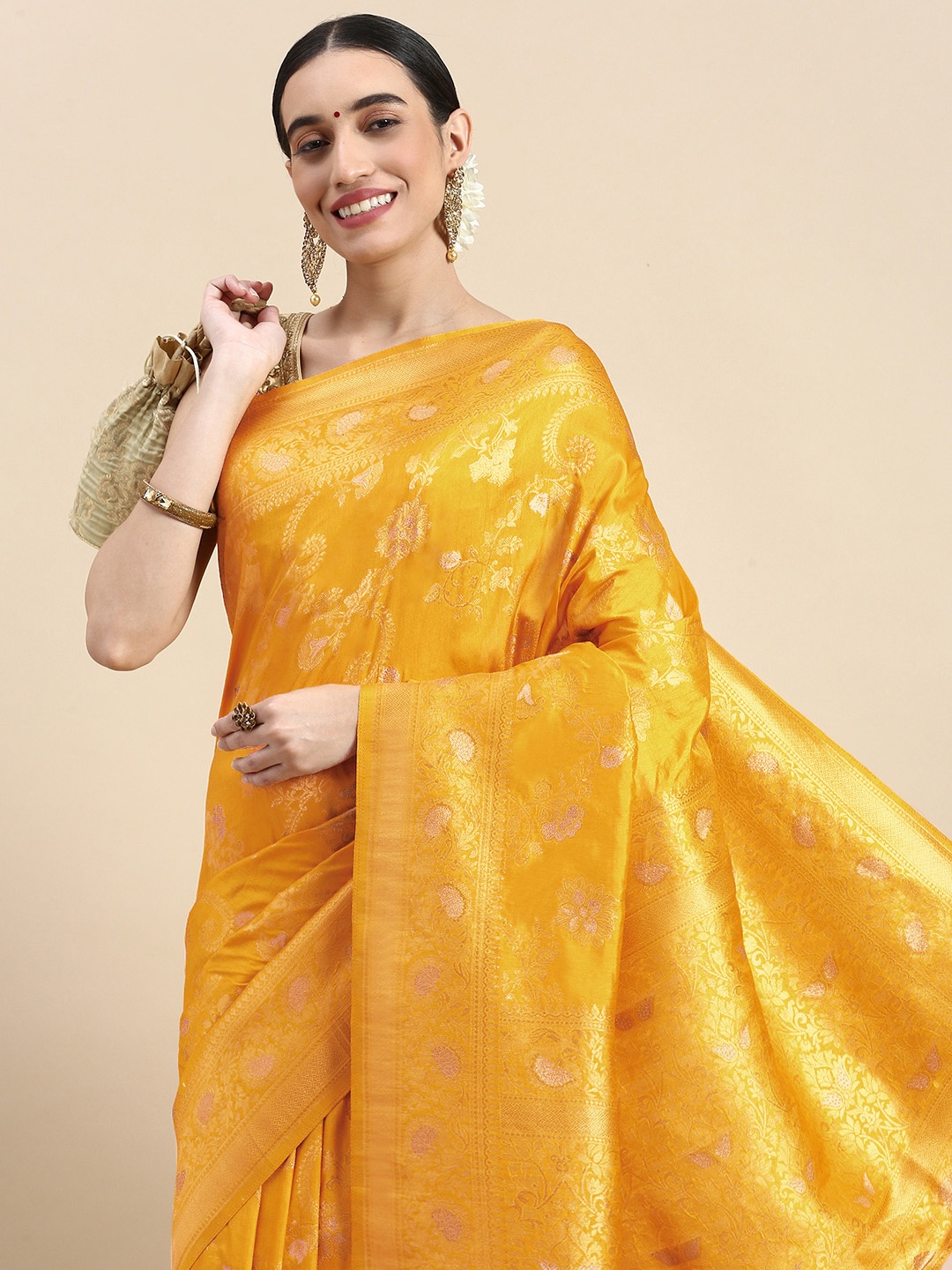 

MOHEY Floral Zari Art Silk Saree, Yellow