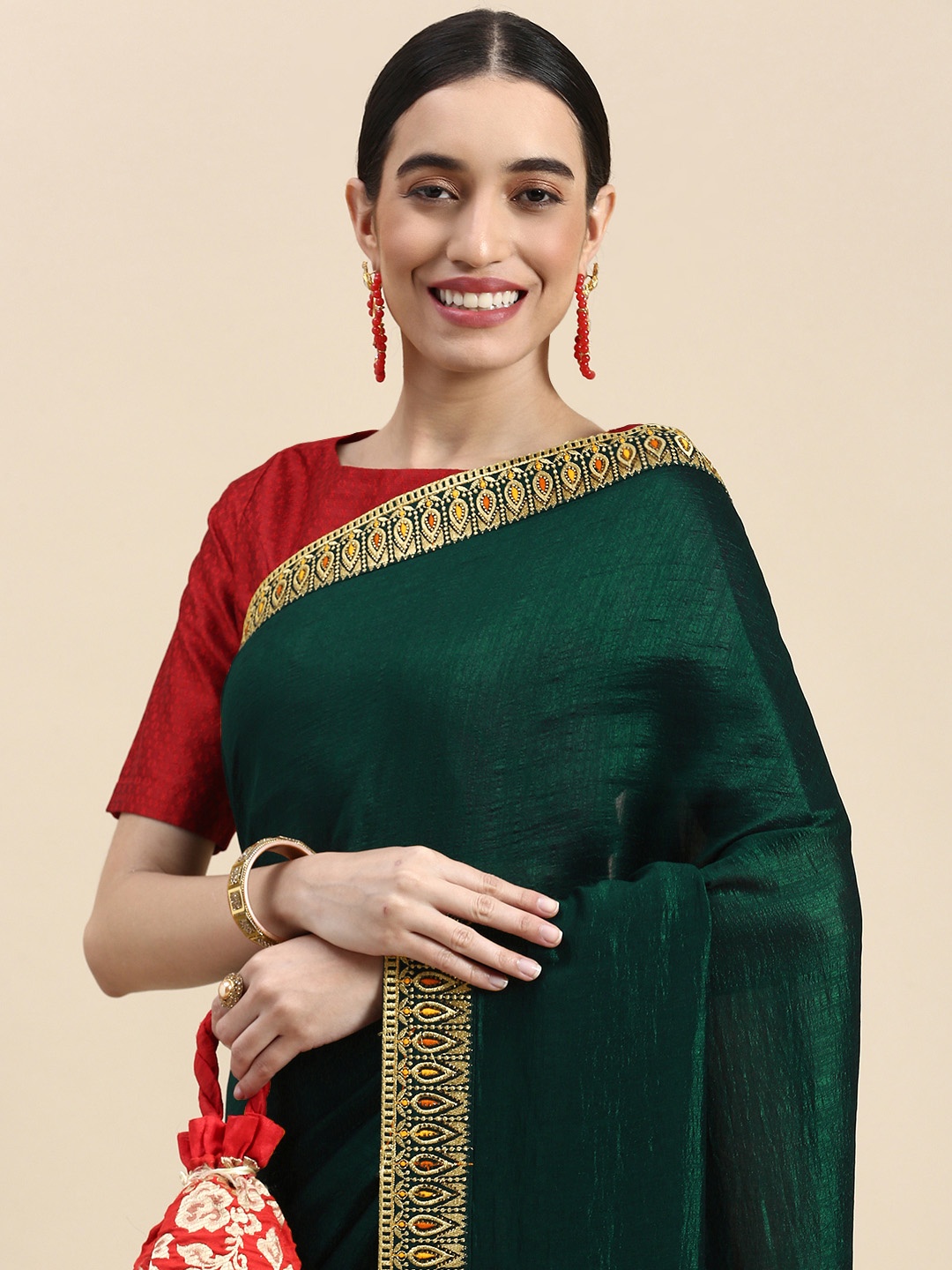 

MOHEY Floral Zari Art Silk Saree, Green