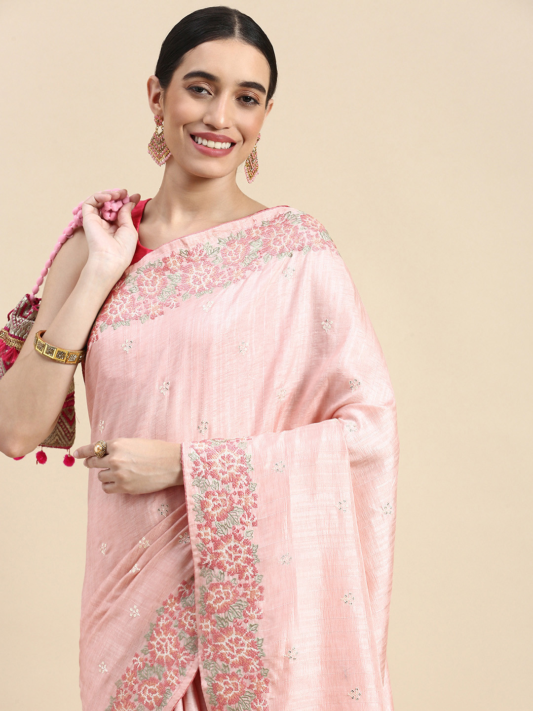 

MOHEY Floral Sequinned Art Silk Saree, Pink