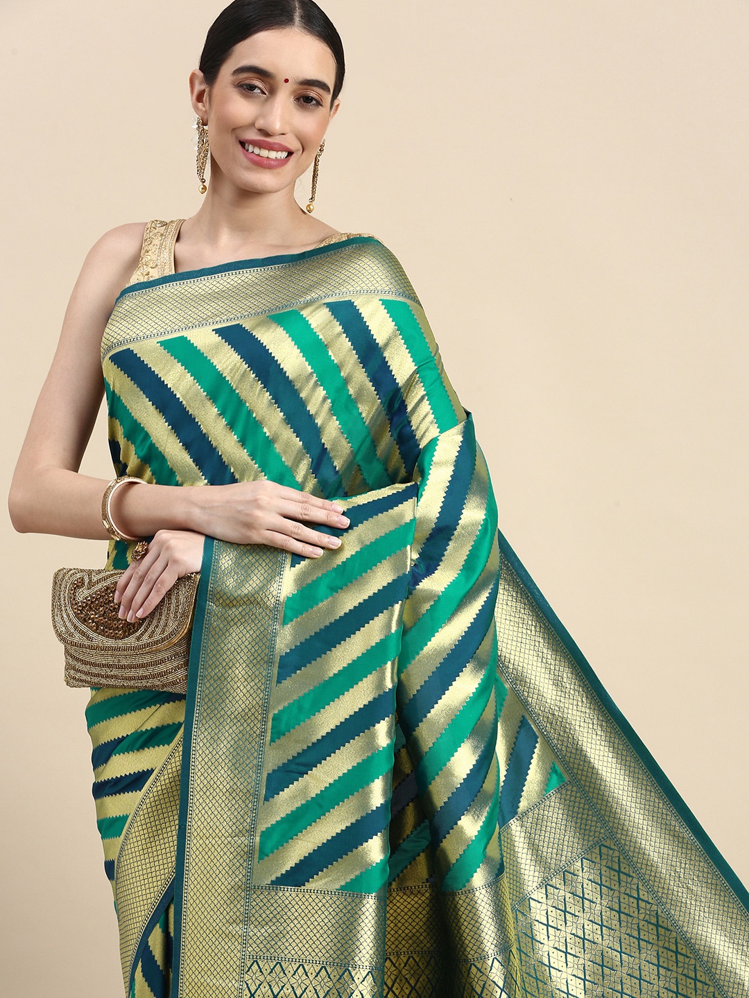 

MOHEY Striped Zari Art Silk Saree, Blue