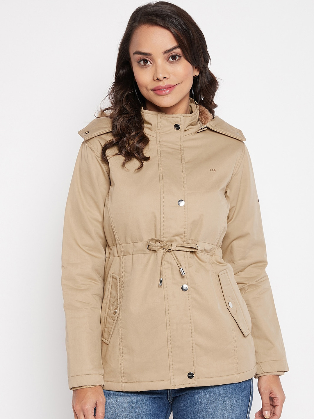 

Okane Women Solid Longline Parka Jacket, Camel brown