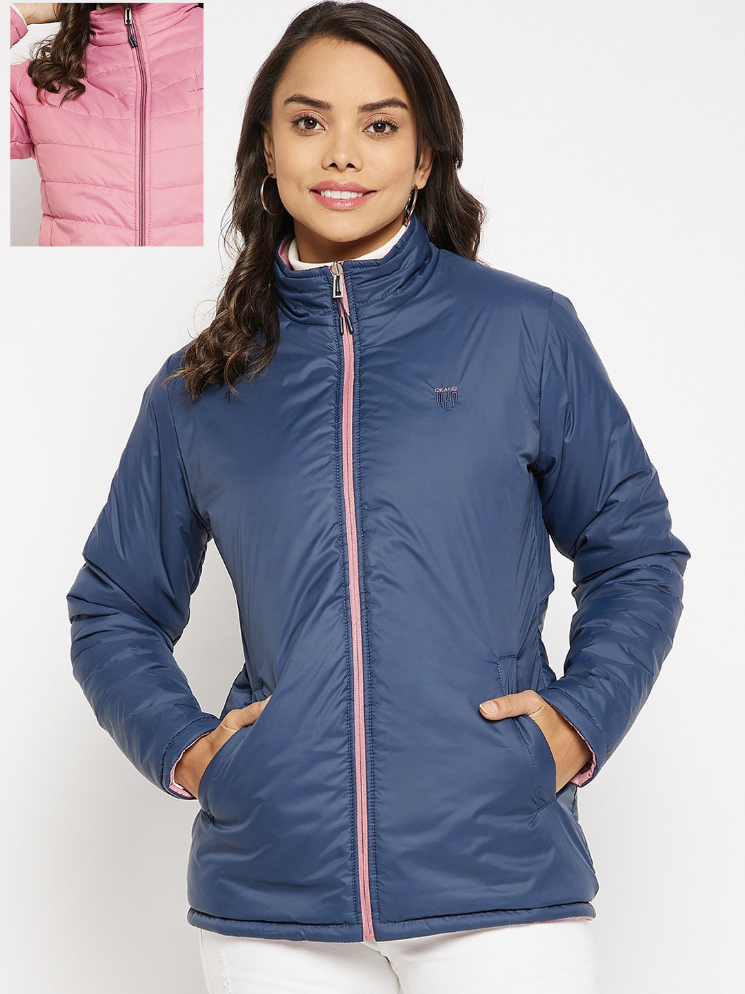 

Okane Women Pink Navy Blue Longline Padded Jacket
