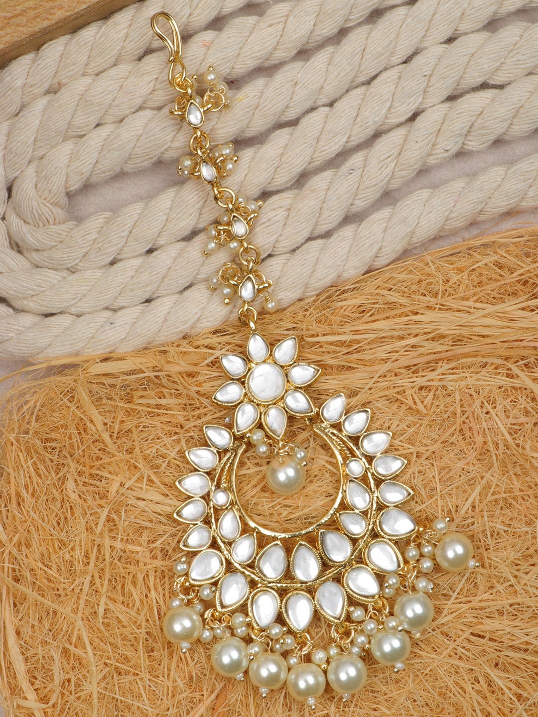 

Crunchy Fashion Gold-Plated Kundan Studded & Beaded Head Jewellery