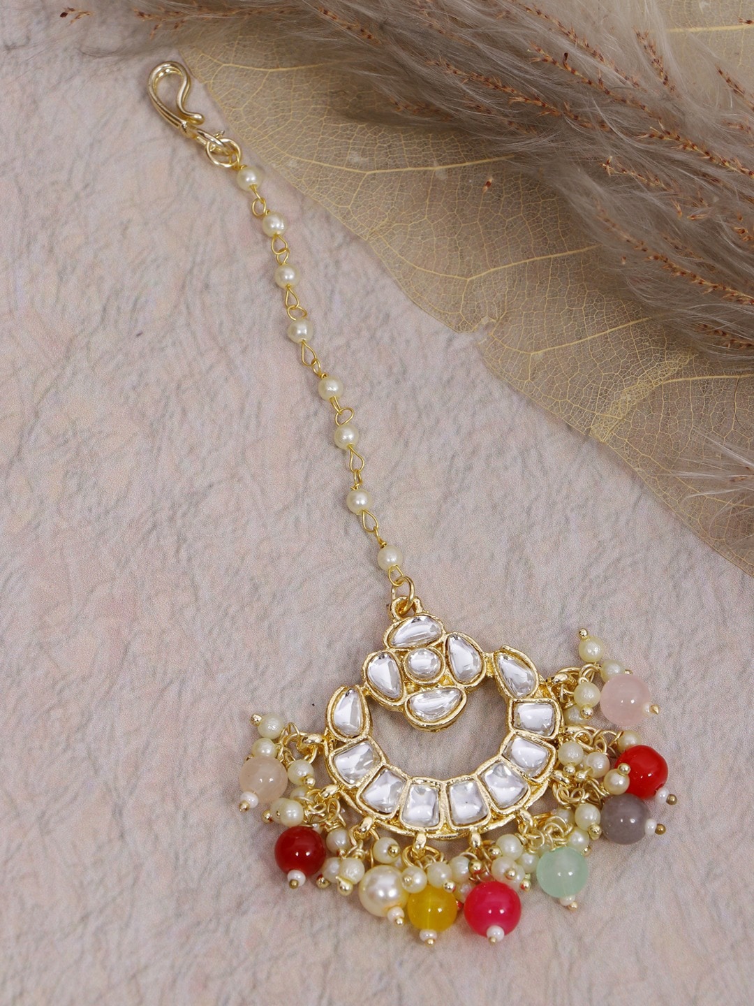 

Crunchy Fashion Kundan Studded & Beaded Maang Tikka, Gold