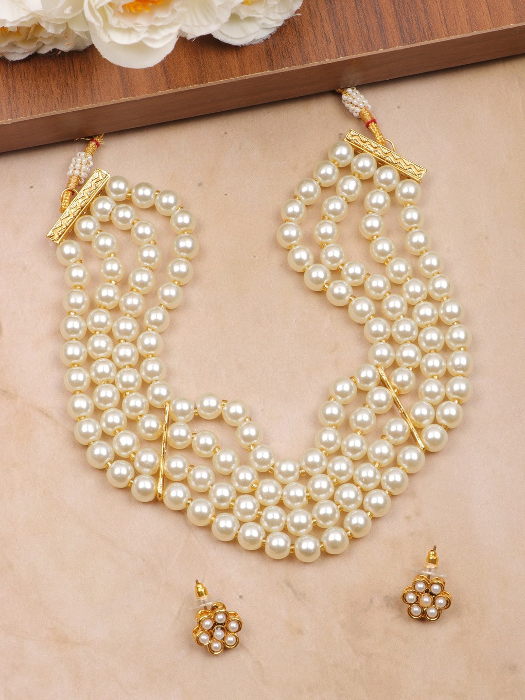 

Crunchy Fashion Gold-Plated Pearls Studded & Beaded Jewellery Set