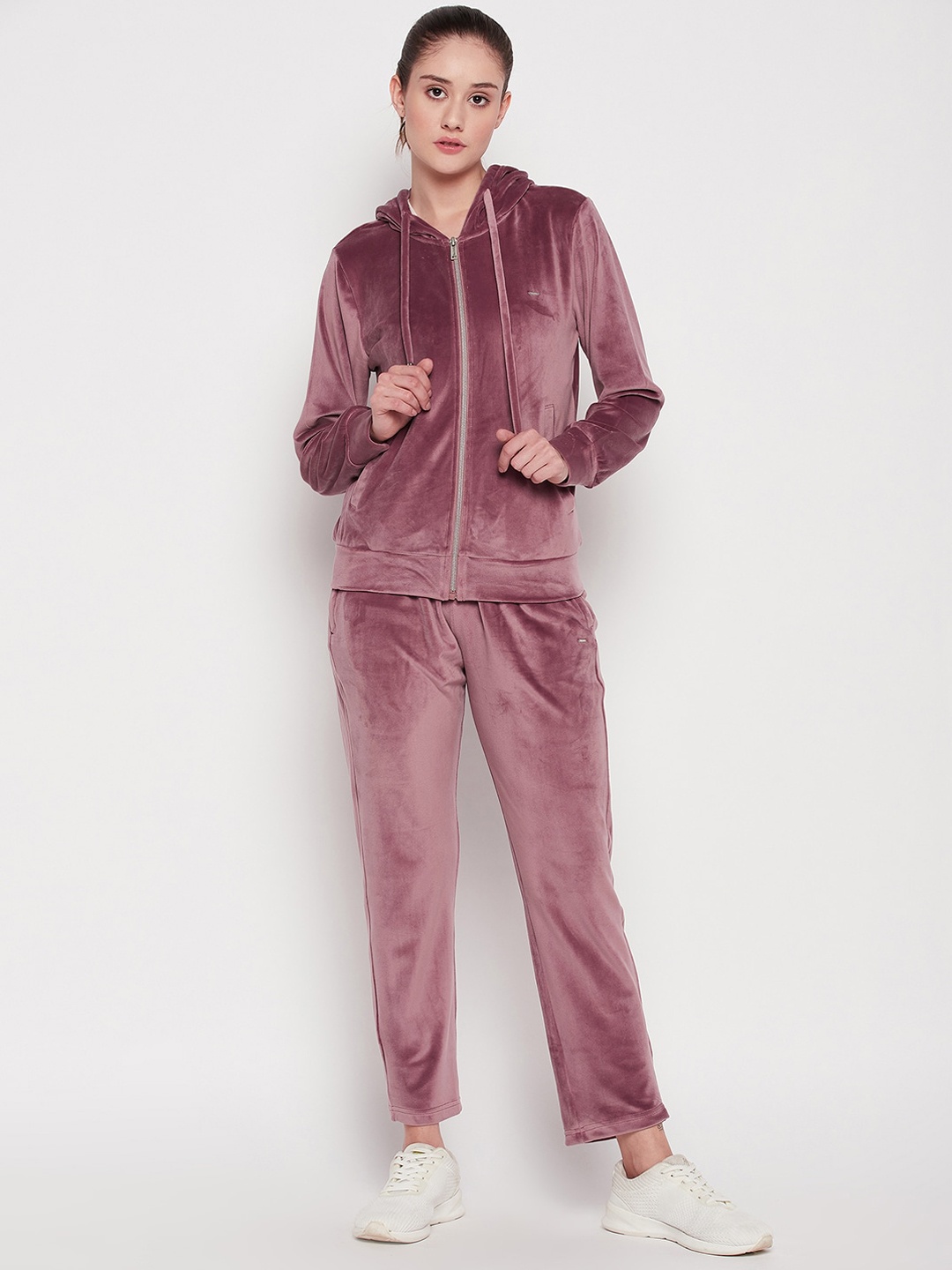 

Okane Women Center Front Open Hooded Velvet Tracksuit, Rose gold
