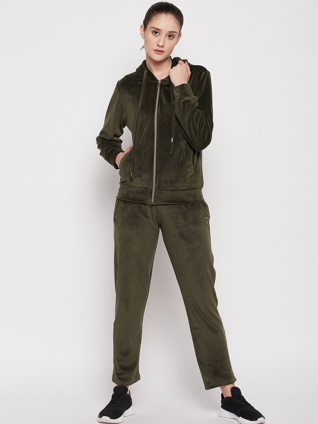 

Okane Women Center Front Open Hooded Velvet Tracksuits, Olive