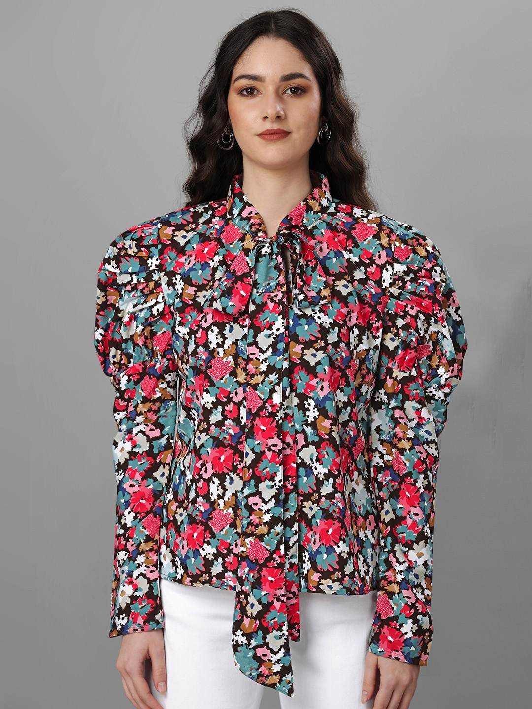 

Urban Luxe Floral Print Tie-Up Neck Layered Top, Multi