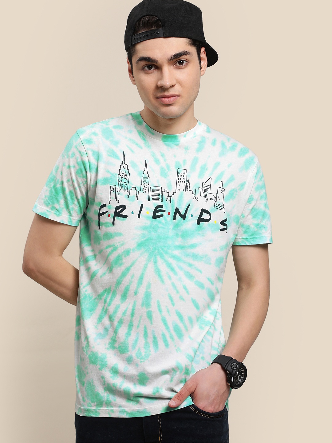 

Free Authority Men Friends Typography Dyed Round Neck Cotton T-shirt, Green