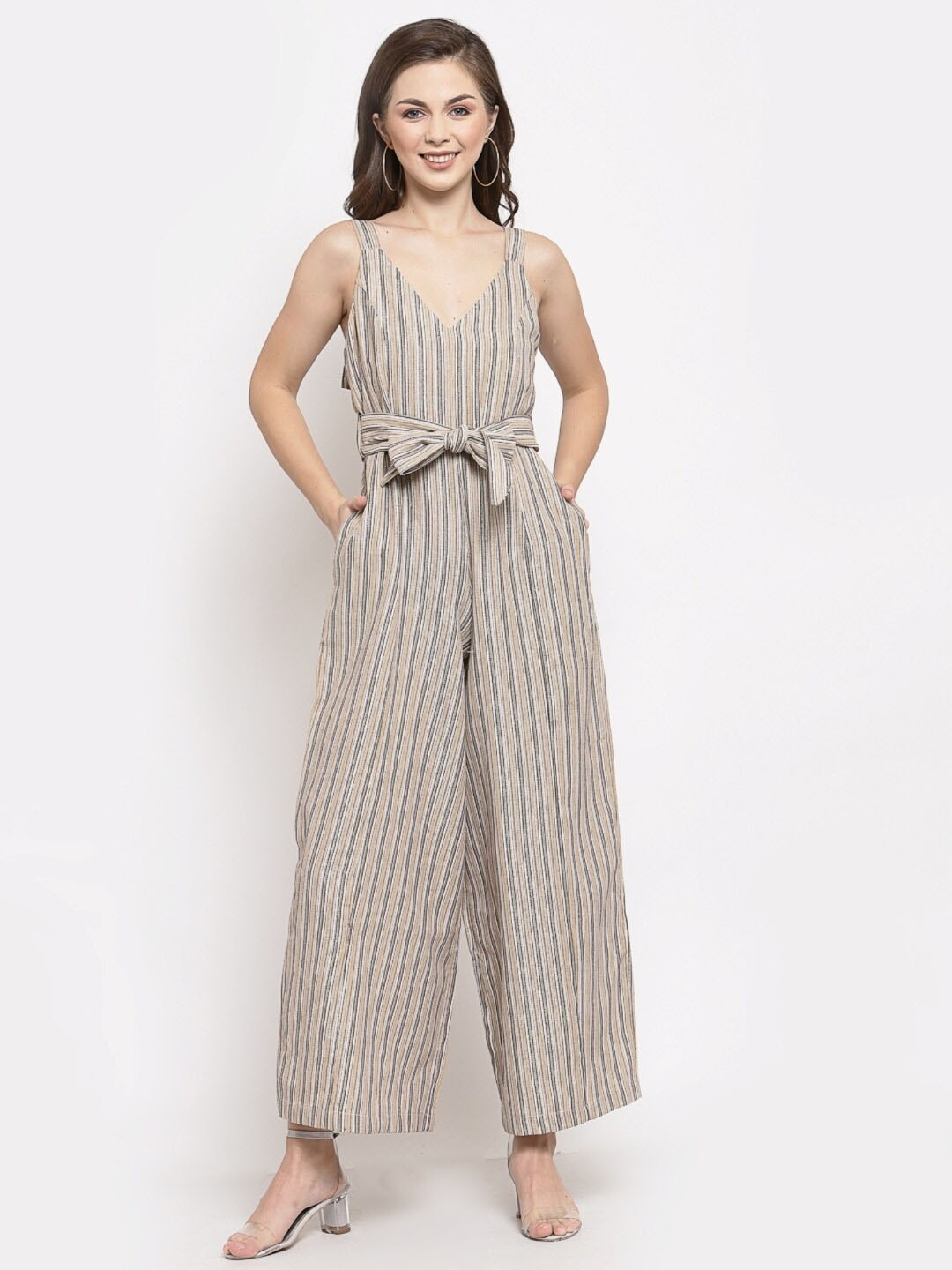 

Mafadeny Cotton Striped Basic Jumpsuit, Khaki