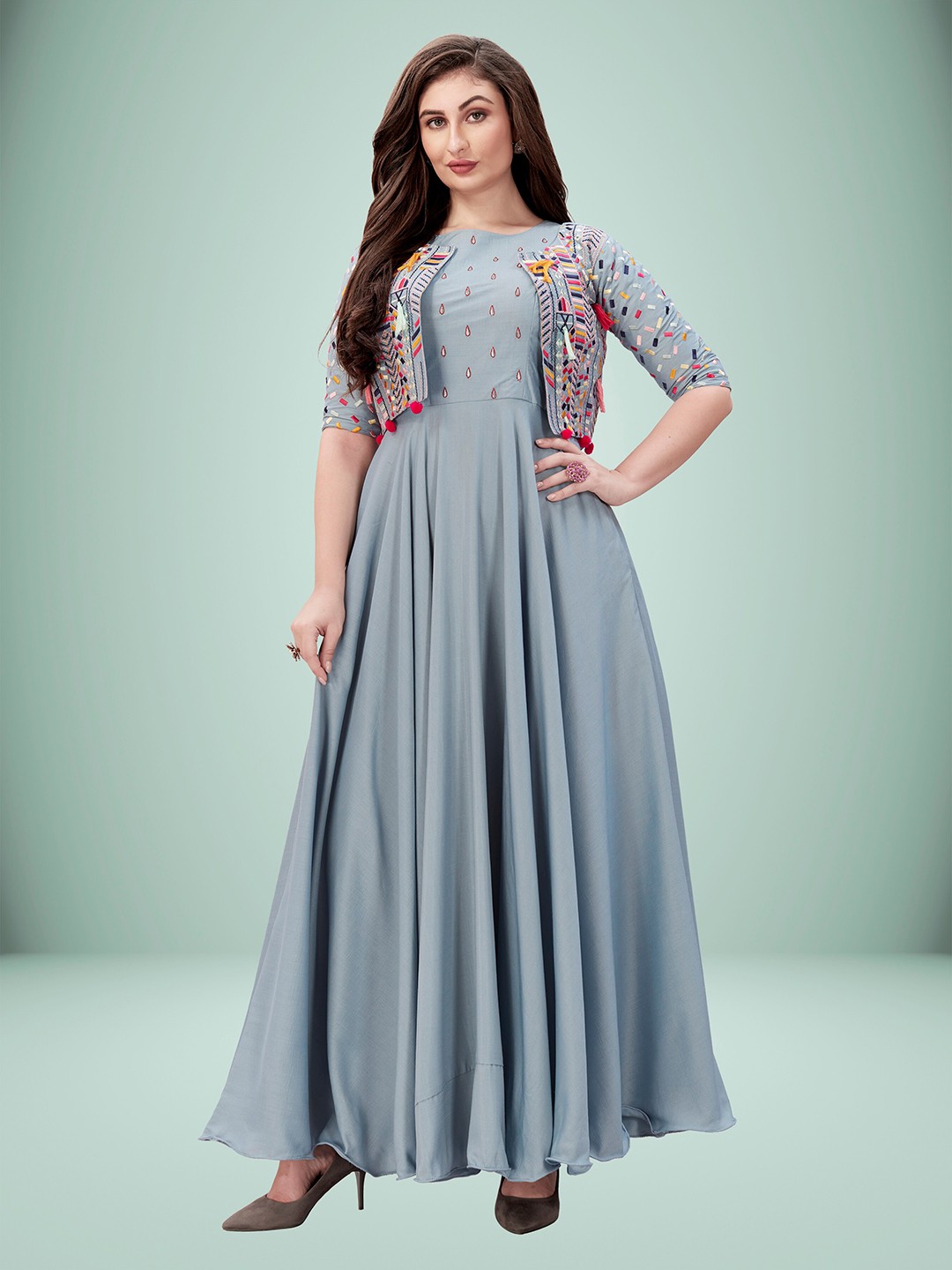 

Sarvayog Fashion Women Grey Floral Embroidered Thread Work Anarkali Kurta with Jacket