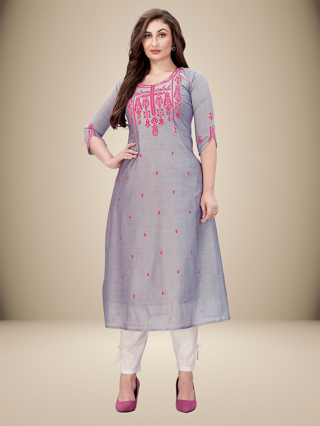 

Sarvayog Fashion Women Grey Floral Embroidered Chanderi Silk Kurta