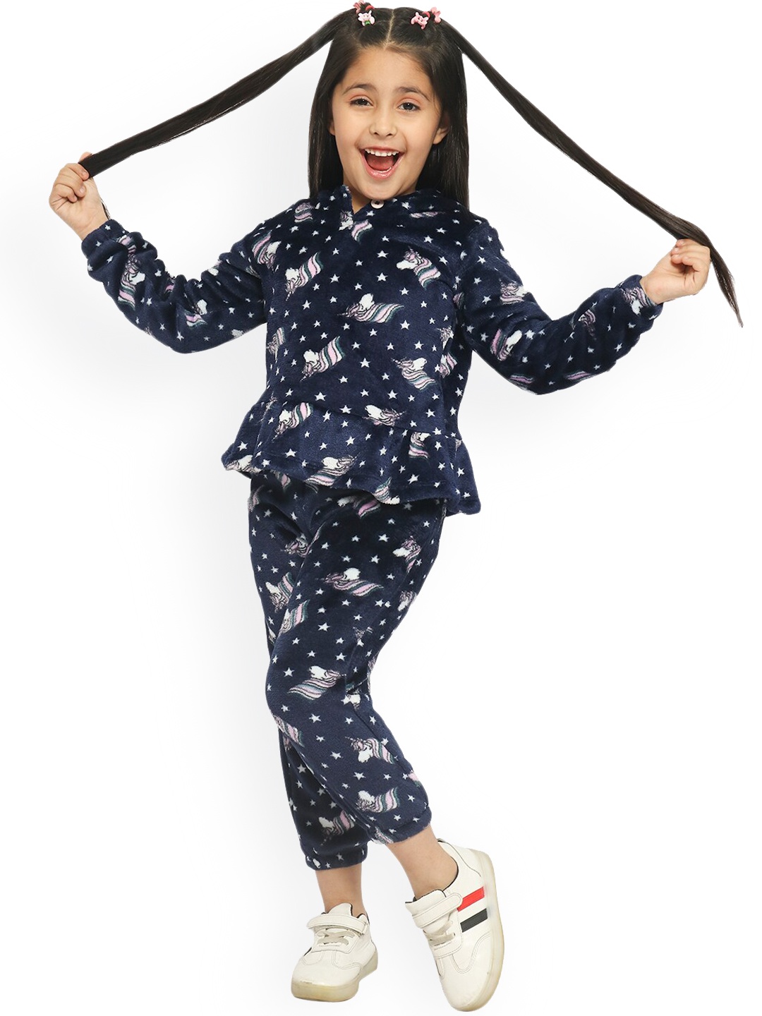 Nauti Nati Girls Unicorn Printed Hooded Tracksuits, Navy blue