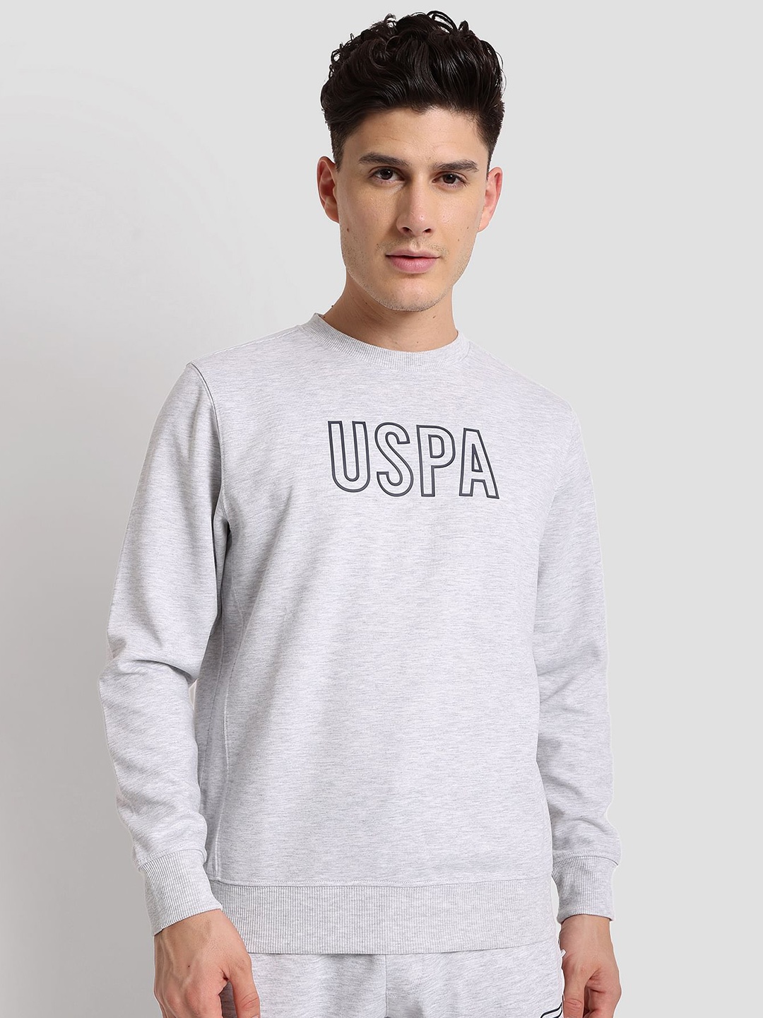 

U.S. Polo Assn. Printed Round Neck Outline Logo Active Pullover Sweatshirt, Grey melange