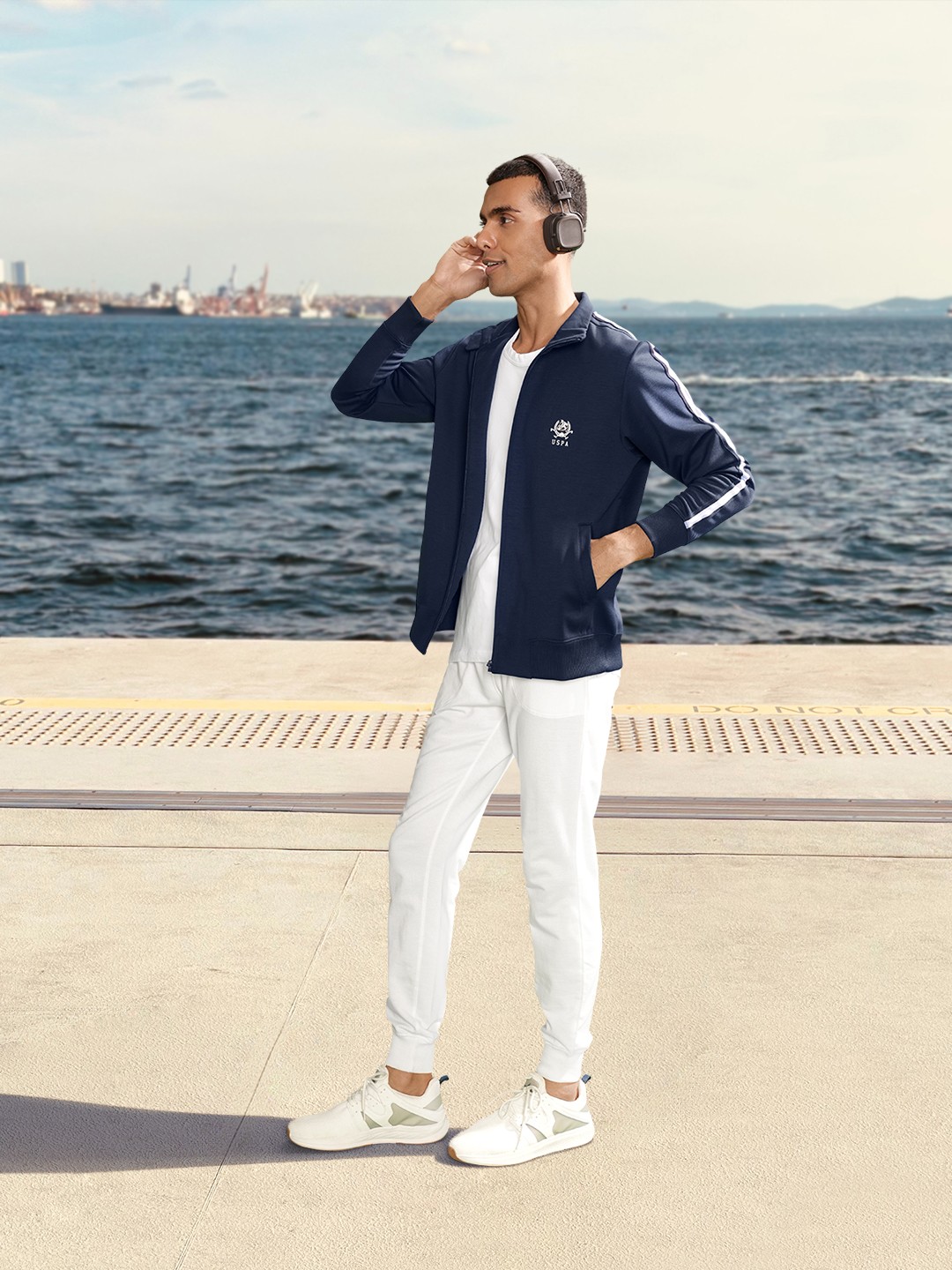 

U S Polo Assn Men Solid Training or Gym Bomber High Neck Track Jacket, Navy blue