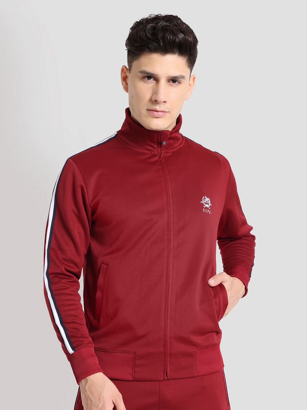 

U S Polo Assn Men Solid Training or Gym Bomber High Neck Track Jacket, Red