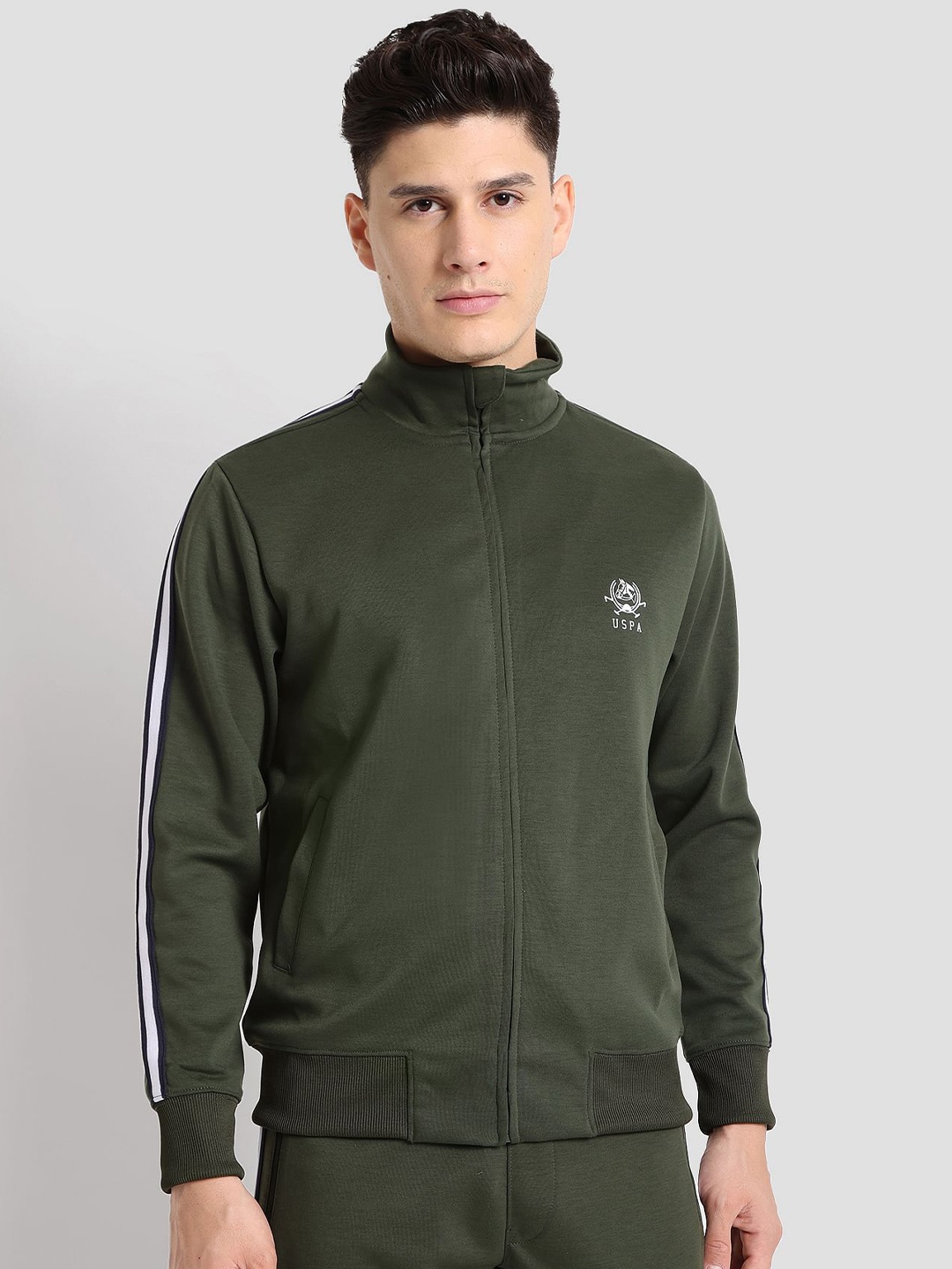 

U S Polo Assn Men Solid Training or Gym Bomber High Neck Track Jacket, Green