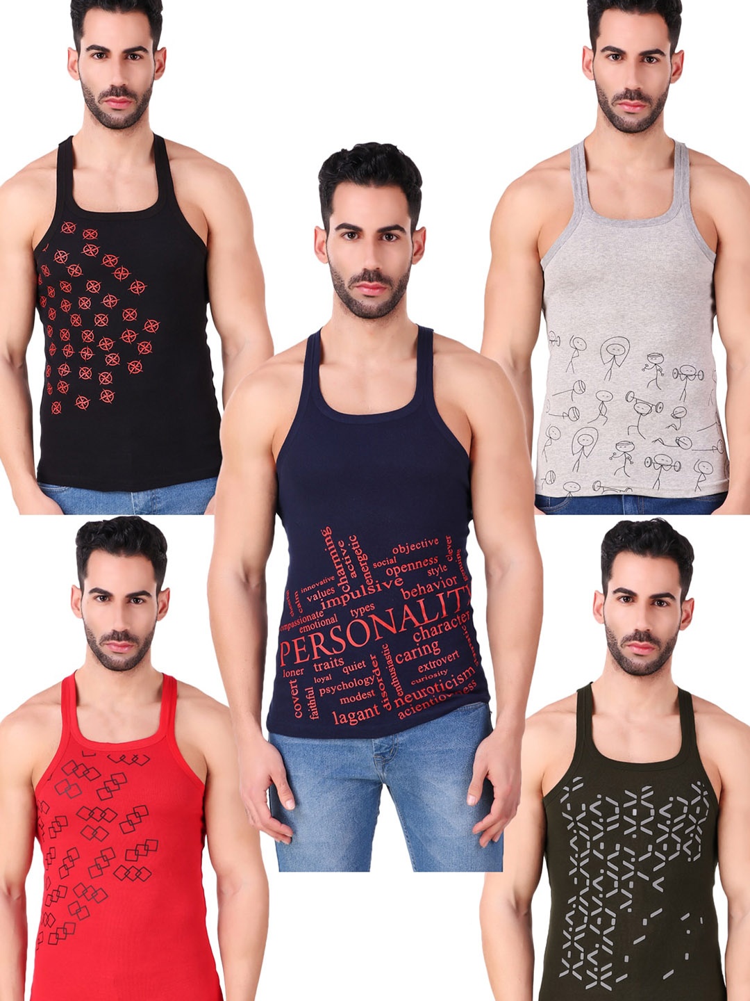 

HAP Men Pack Of 5 Printed Pure Cotton Innerwear Vests, Red
