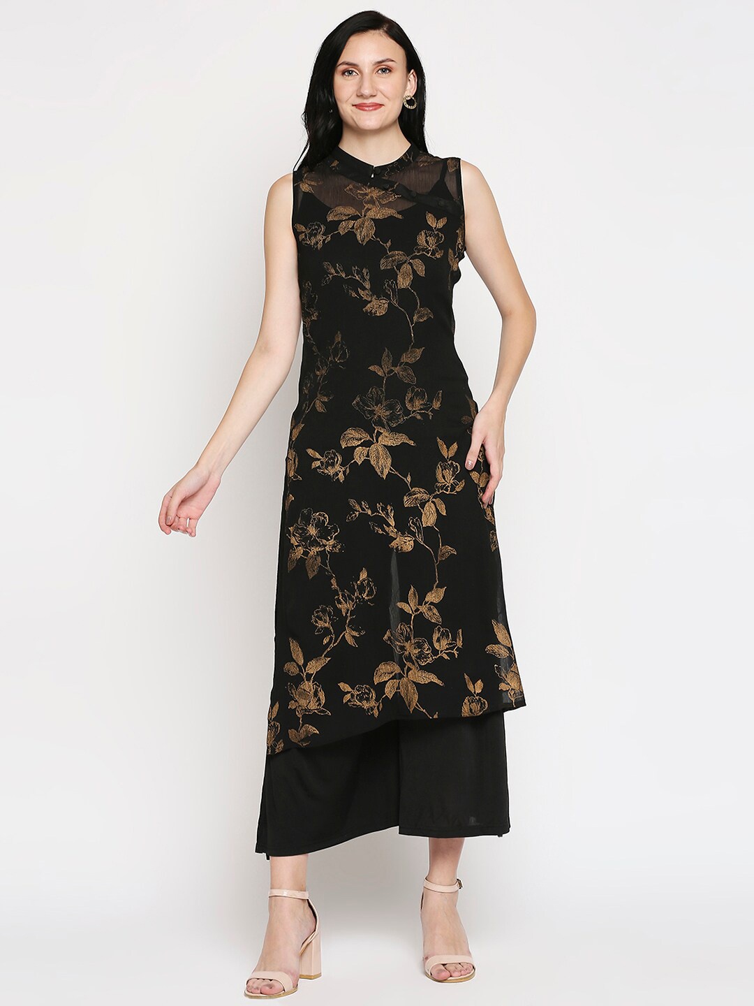 

Ira Soleil Floral Foil Printed Kurta, Black