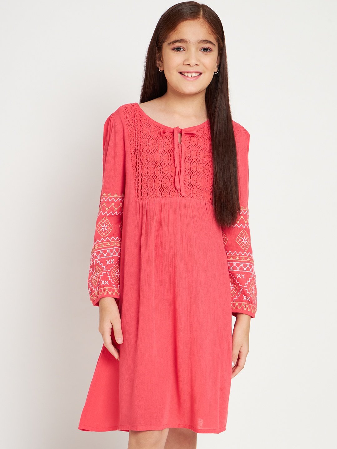 

HERE&NOW Embroidered Crepe Tie-Up Neck A-Line Dress, Red