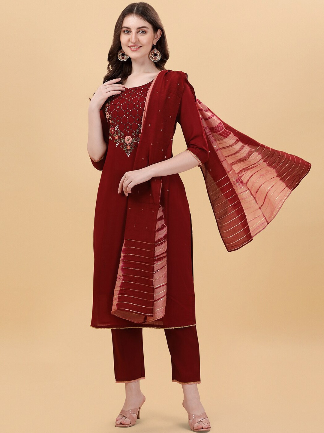 

Berrylicious Women Floral Embroidered Chanderi Cotton Kurta with Trousers & With Dupatta, Maroon