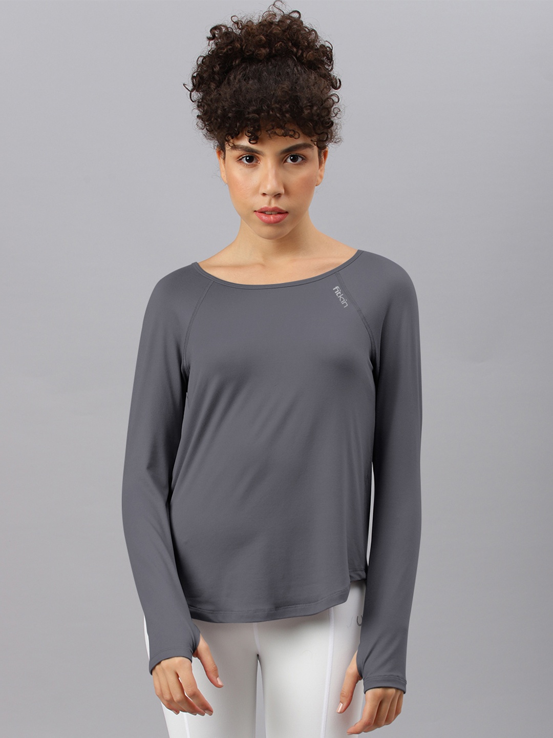 

Fitkin Women Grey Raglan Sleeves Back Laser Cut T-shirt