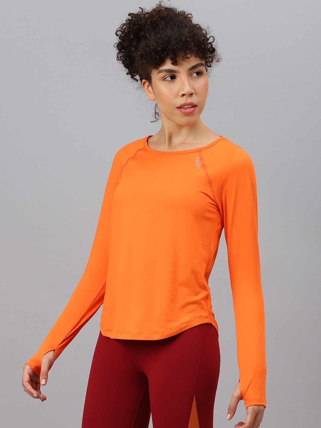 

Fitkin Women Orange Raglan Sleeves Back Laser Cut T-shirt