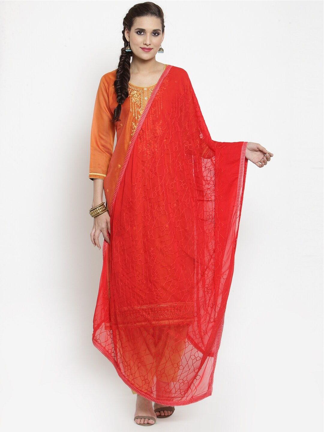 

mf Embroidered Dupatta with Thread Work, Red