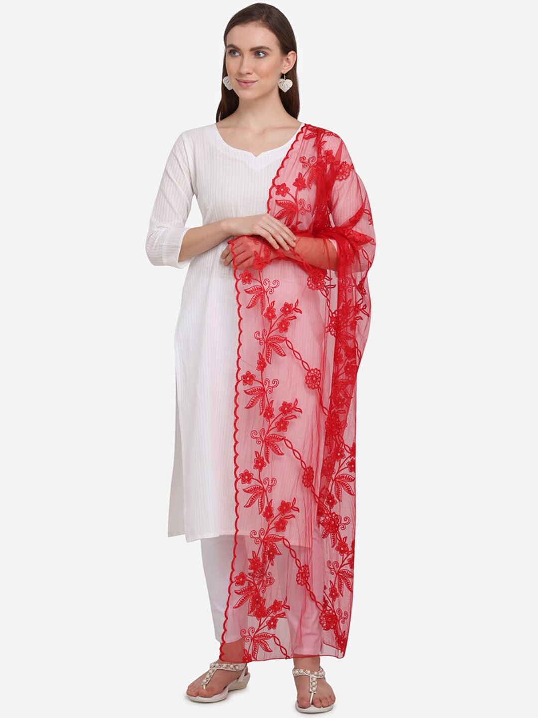 

mf Embroidered Dupatta with Thread Work, Red