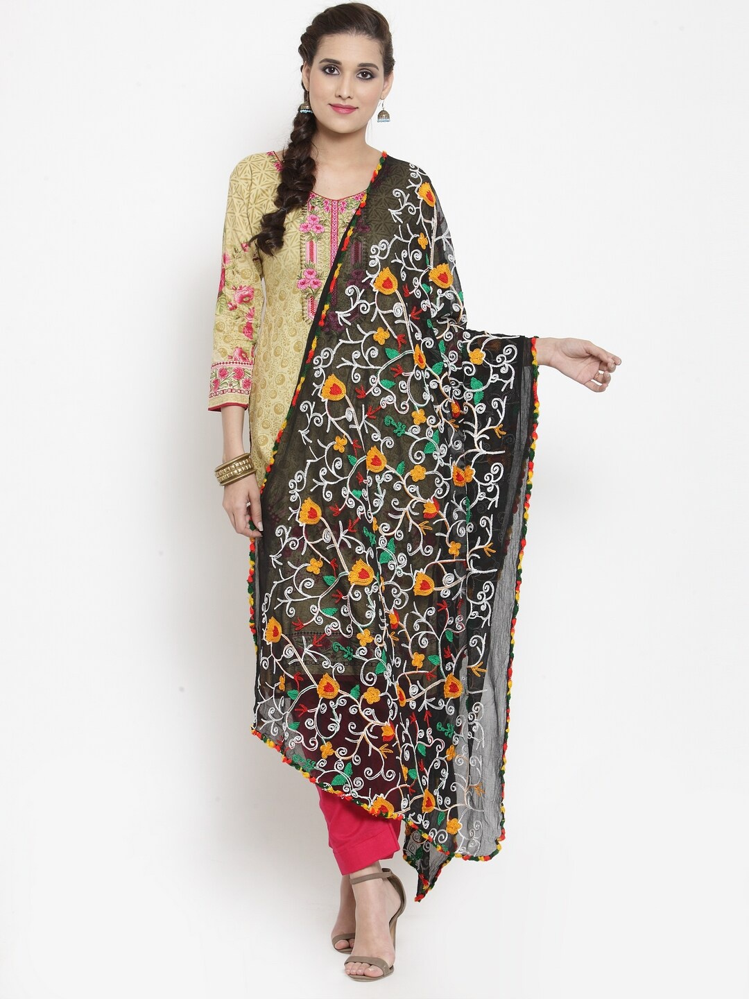 

mf Embroidered Dupatta with Phulkari, Black