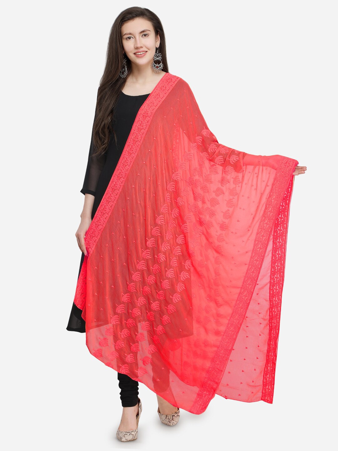 

mf Embroidered Dupatta with Thread Work, Coral