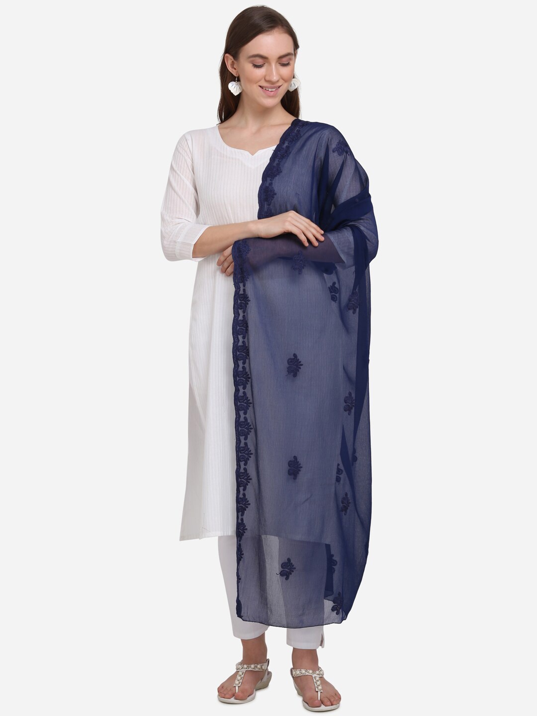 

mf Navy Blue Embroidered Dupatta with Thread Work