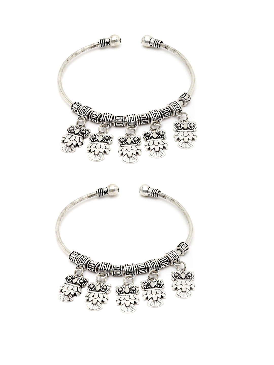 

Sanjog Set Of 2 Silver-Plated Oxidized Owl Charm Drops Cuff Adjustable Bangle