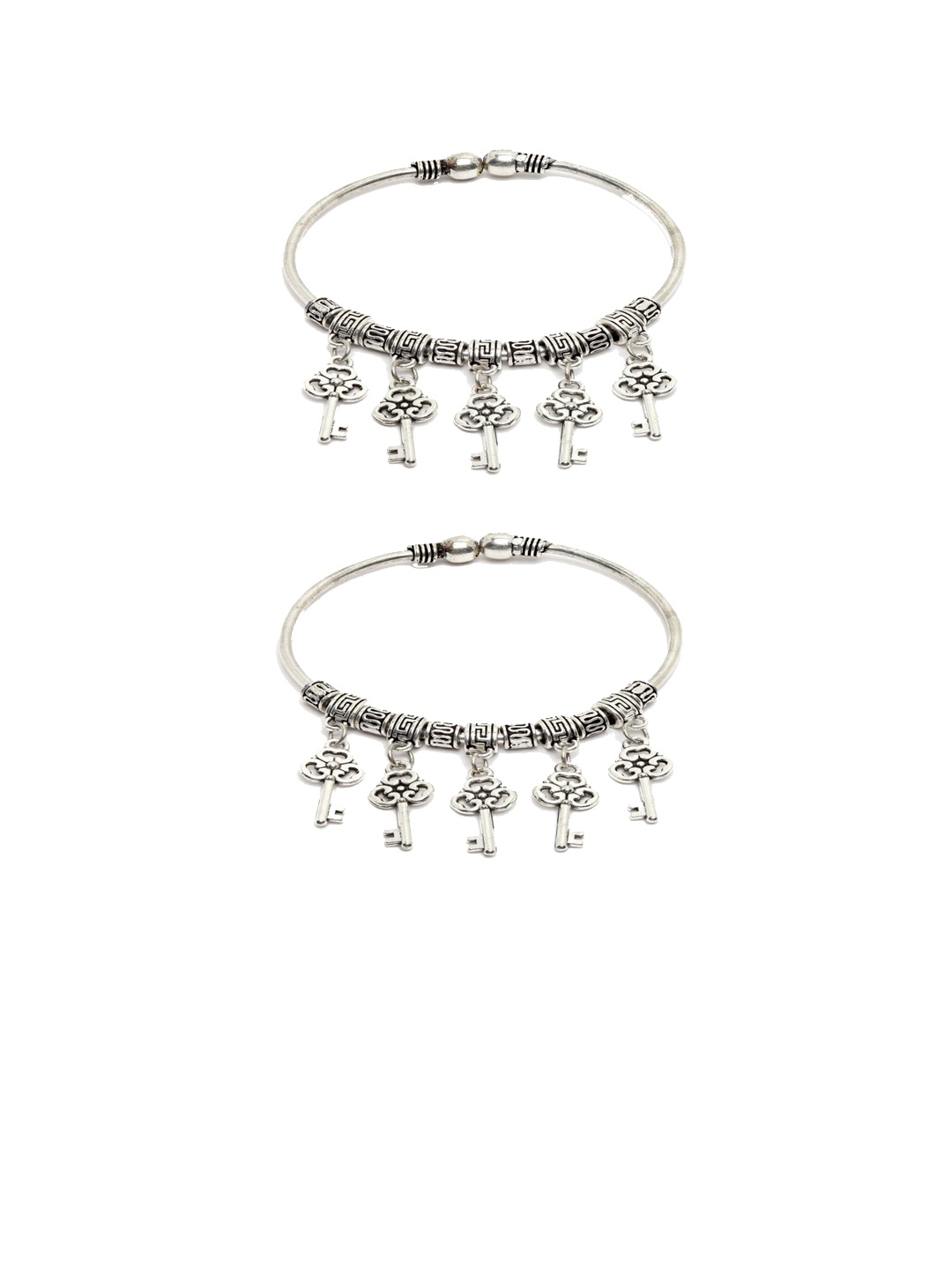 

Sanjog Set Of 2 Silver-Plated Oxidised Keychain Charm Drops Cuff Adjustable Bangle