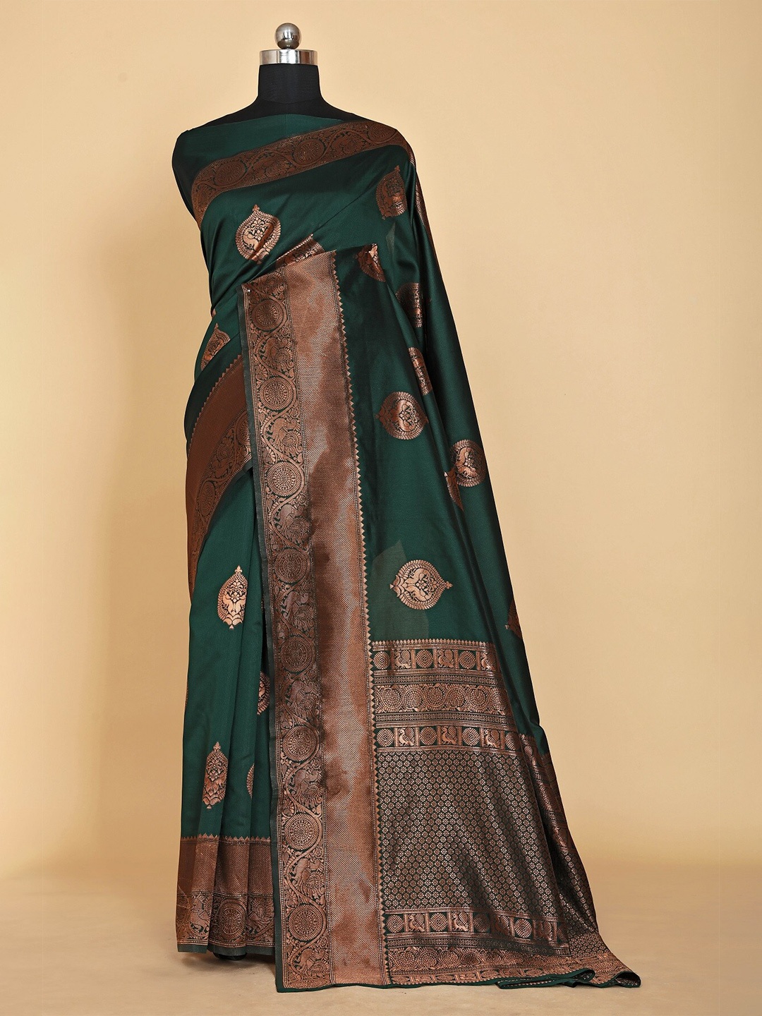 

ZIKARAA Ethnic Motifs Zari Pure Silk Banarasi Saree, Green