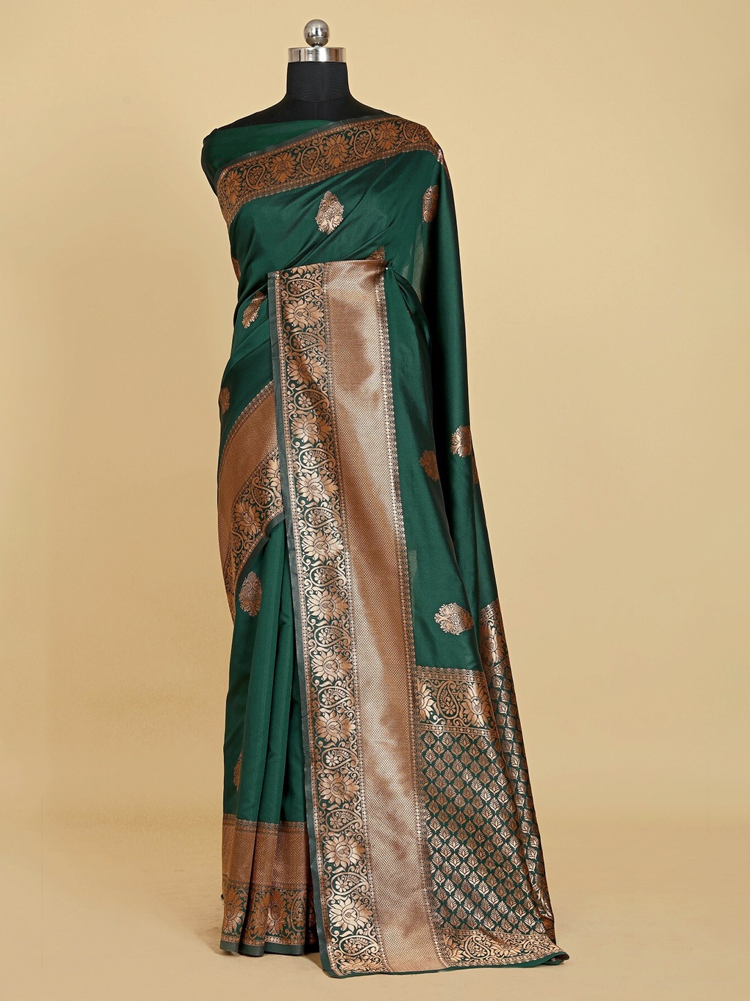 

ZIKARAA Ethnic Motifs Zari Pure Silk Banarasi Saree, Green