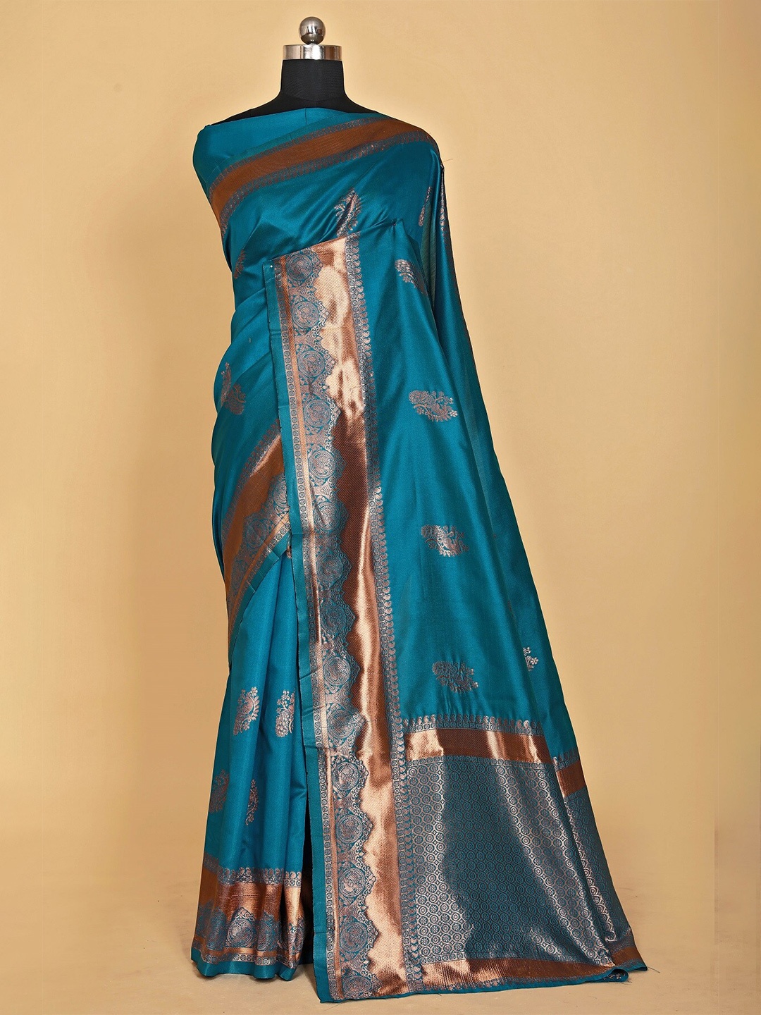 

ZIKARAA Ethnic Motifs Zari Pure Silk Banarasi Saree, Teal