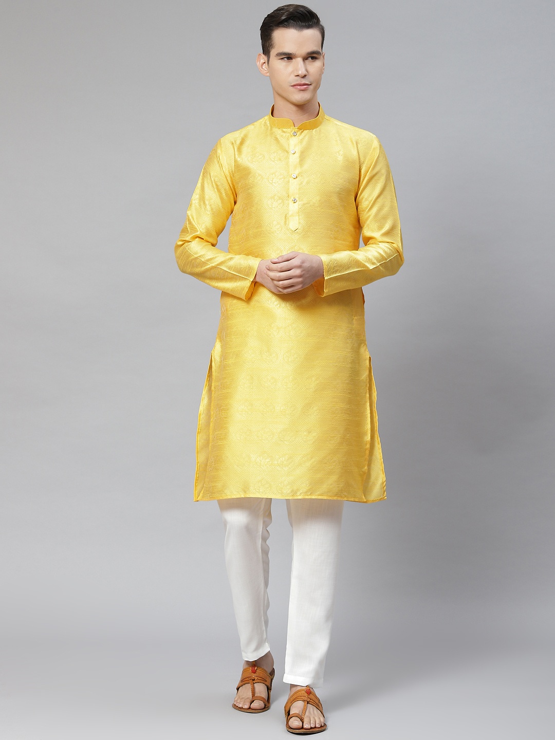 

Luxrio Men Floral Thread Work Kurta with Pyjamas, Yellow