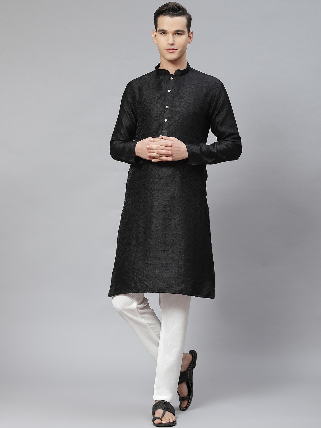 

Luxrio Men Embroidered Thread Work Kurta with Pyjamas, Black