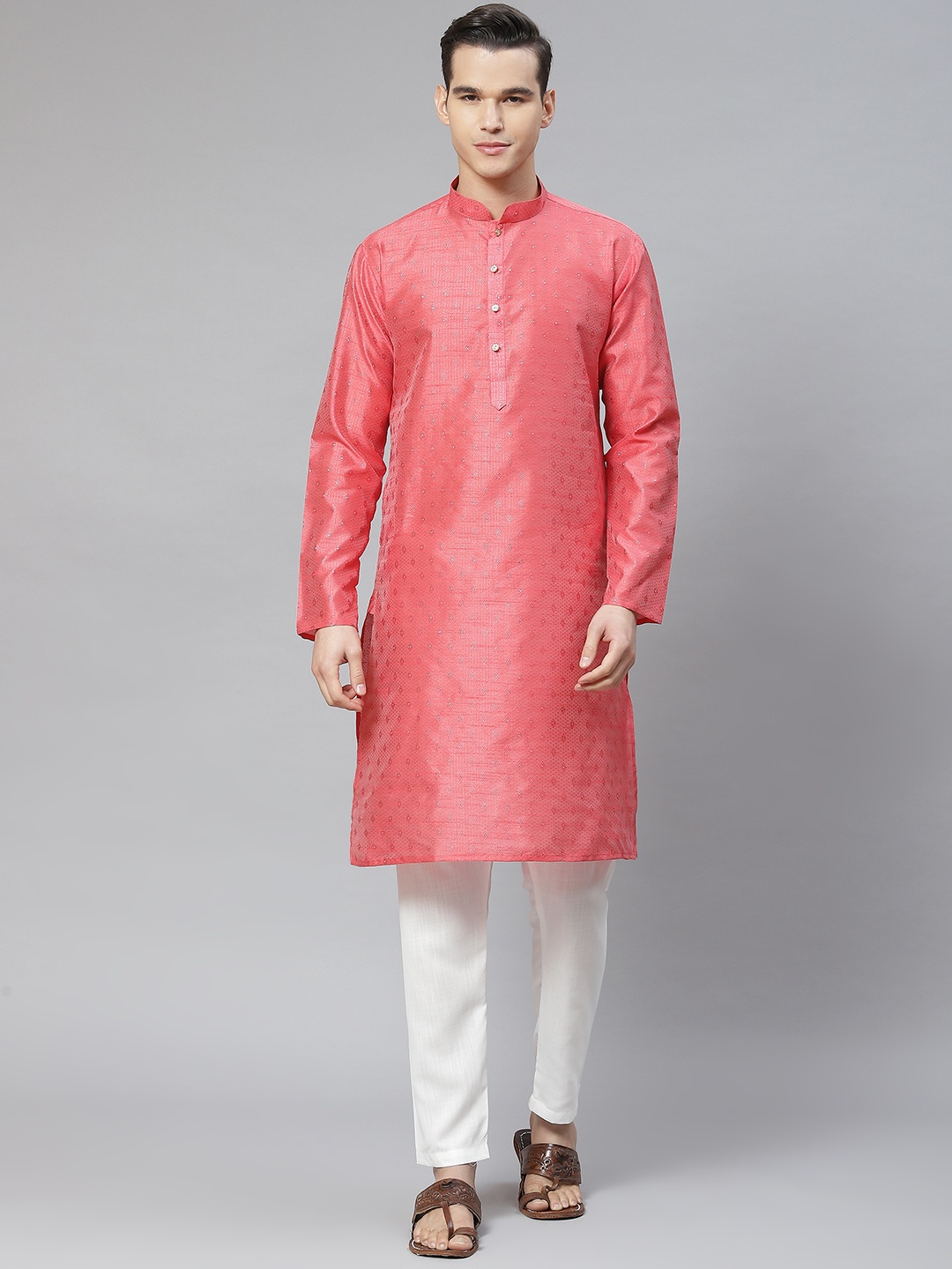 Luxrio Men Ethnic Motifs Embroidered Kurta with Pyjamas, Coral
