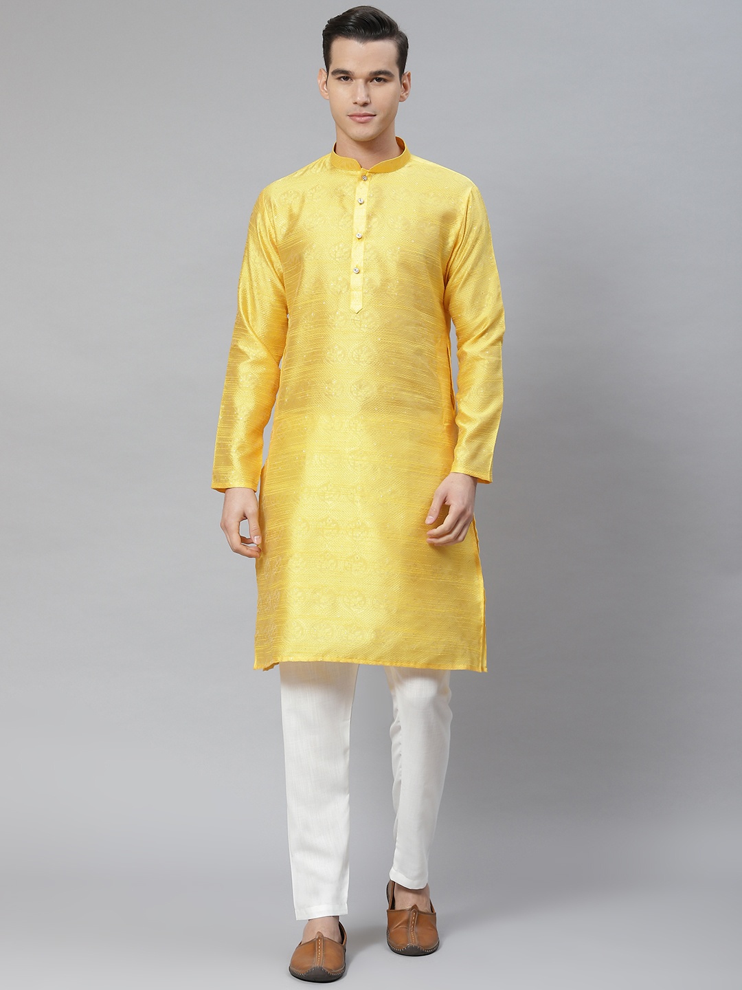Luxrio Men Floral Embroidered Kurta with Pyjamas, Yellow