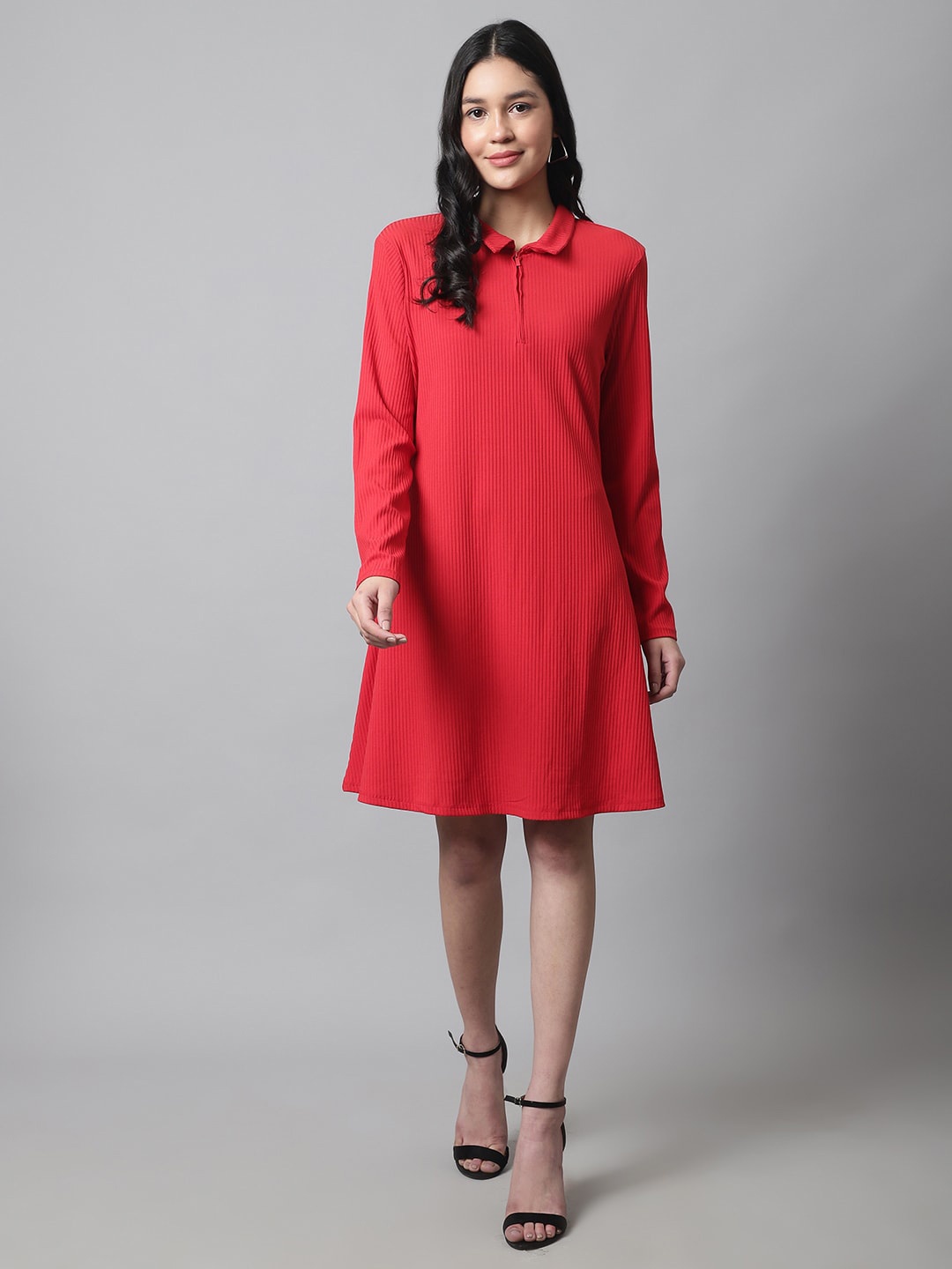 

NoBarr Shirt Collar A-Line Dress, Red