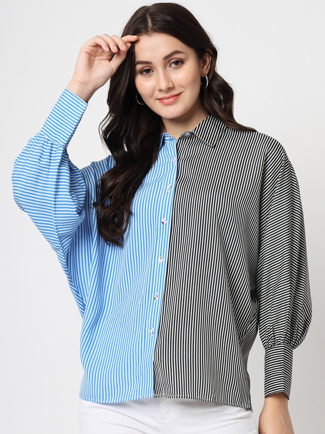 

CHARMGAL Women Classic Striped Casual Shirt, Blue