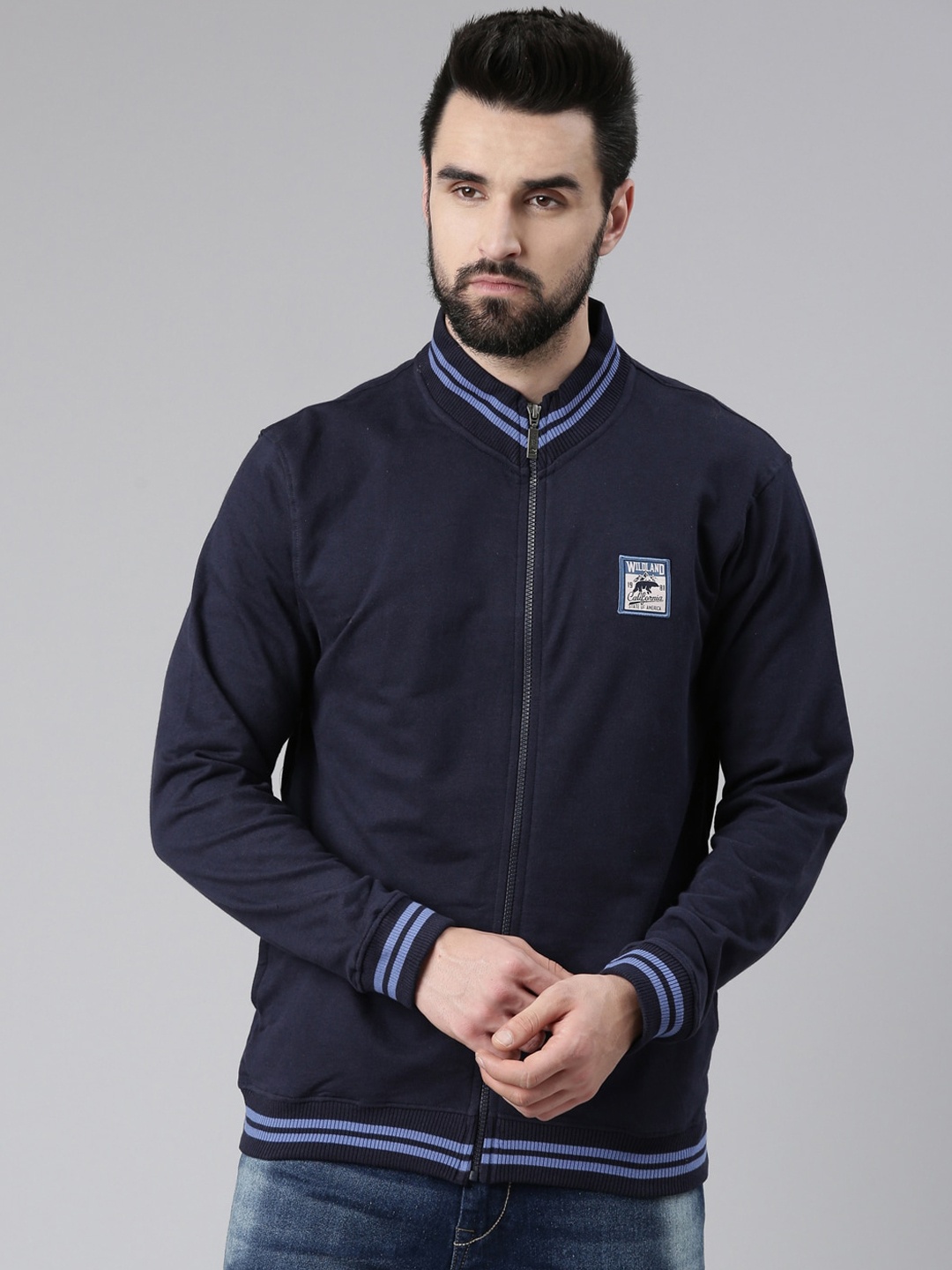 

DIXCY SCOTT Men Mock Collar Solid Sweatshirt, Navy blue