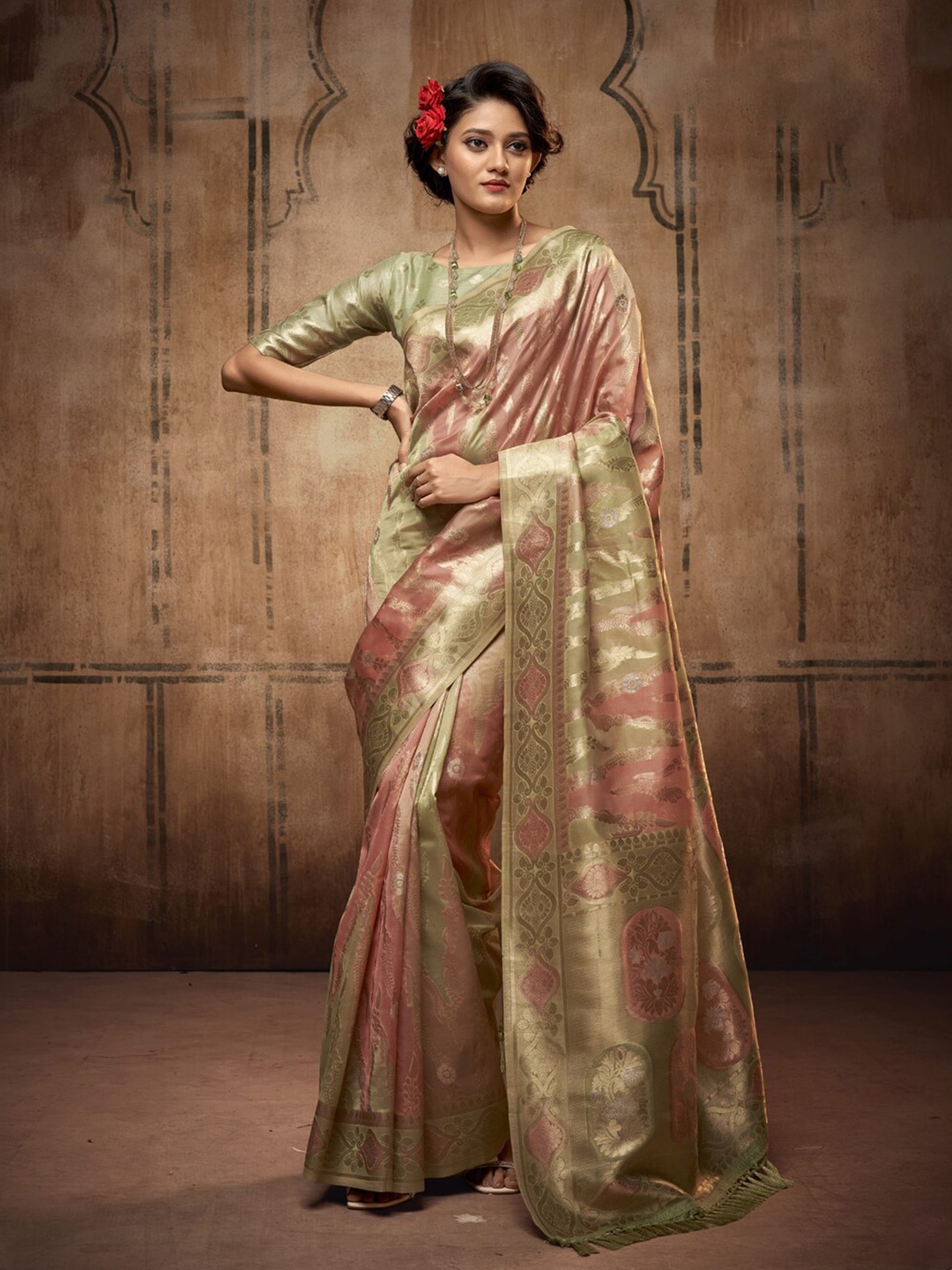 

elora Floral Zari Organza Saree, Sea green