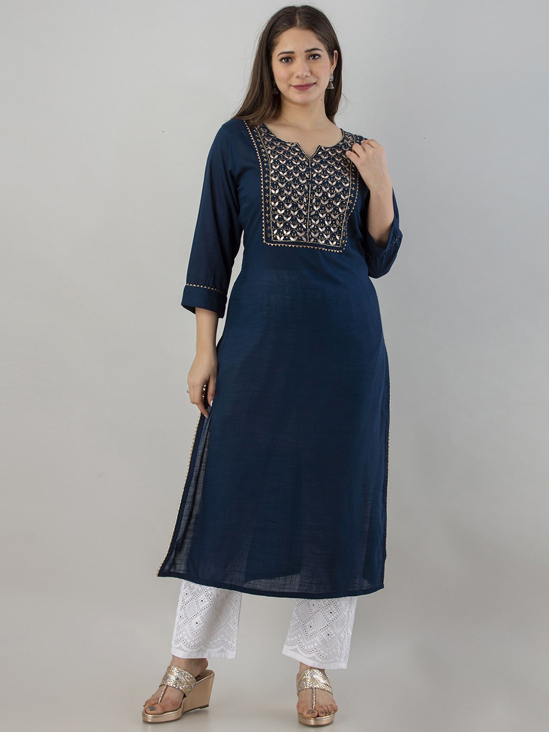 

ADORRO Round Neck Embroidered Beads and Stones Straight Regular Fit Kurta, Blue