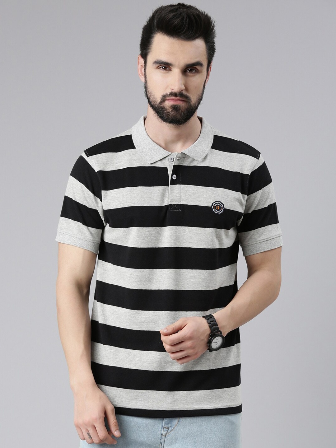 

DIXCY SCOTT Men Striped Polo Collar T-shirt, Black