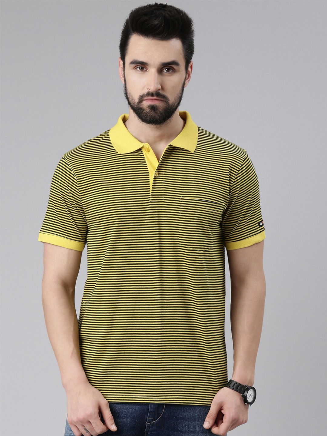 

DIXCY SCOTT Men Striped Polo Collar Cotton T-shirt, Yellow