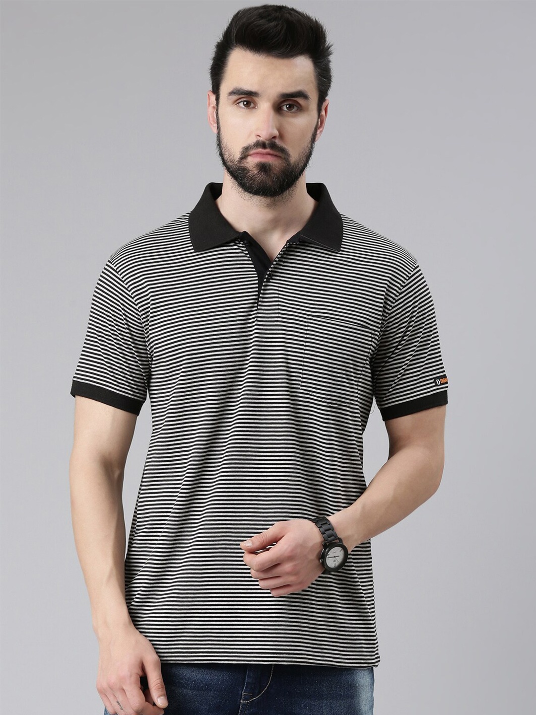 

DIXCY SCOTT Men Striped Polo Collar Cotton T-shirt, Black