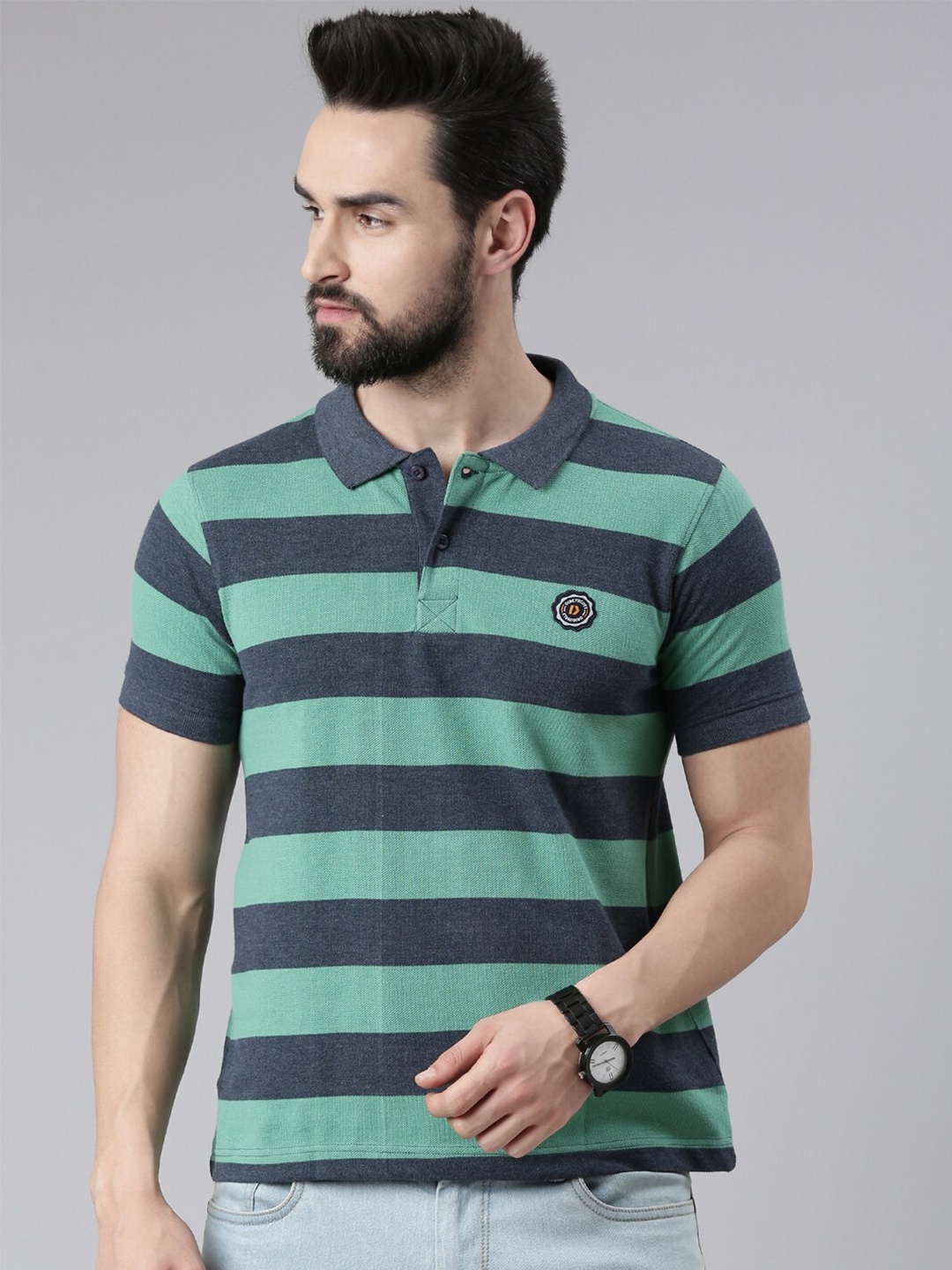 

DIXCY SCOTT Men Striped Polo Collar Cotton T-shirt, Green
